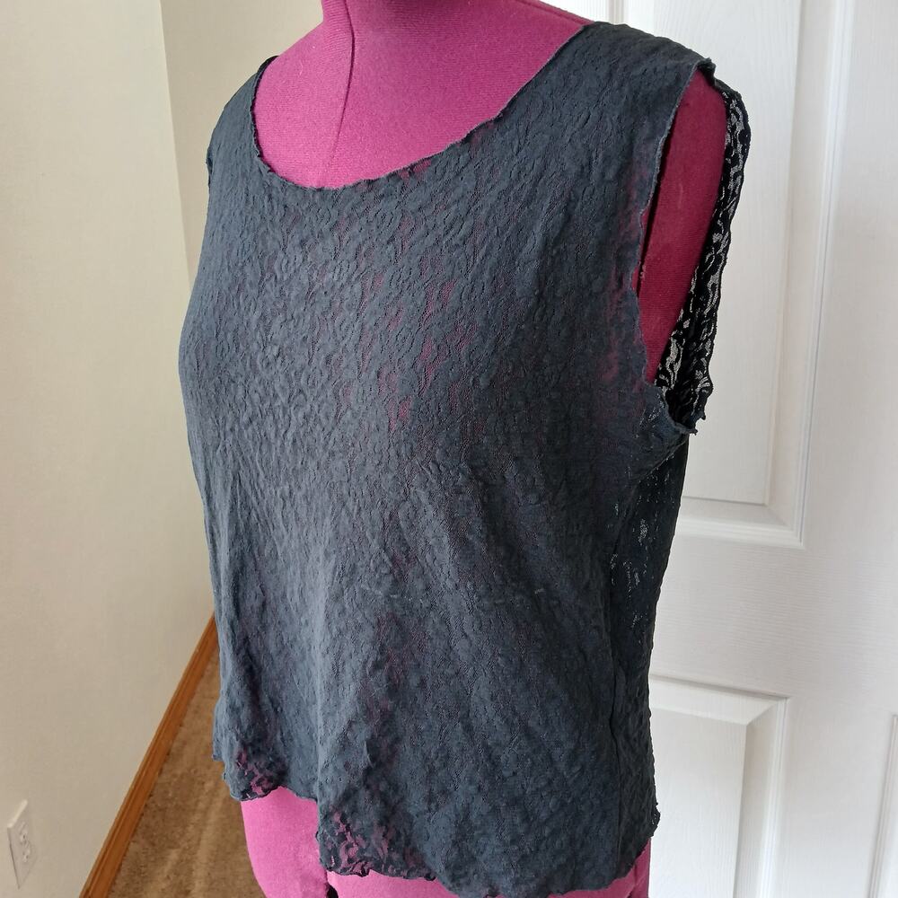 Vintage Black Lace Tank Top L / XL nylon mesh floral sheer made in USA